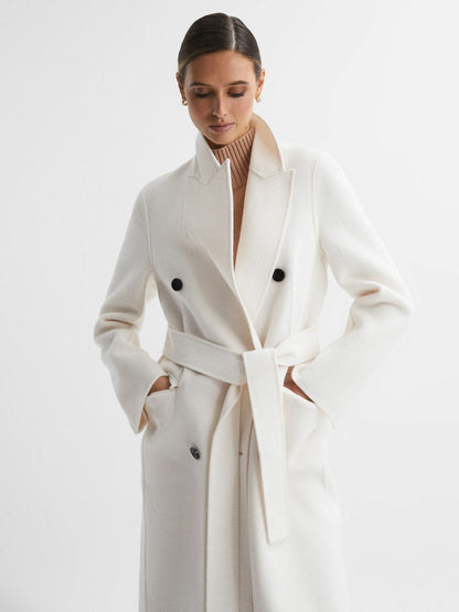 Reiss Savings - Petite Relaxed Wool Blend Blindseam Belted Coat in Cream