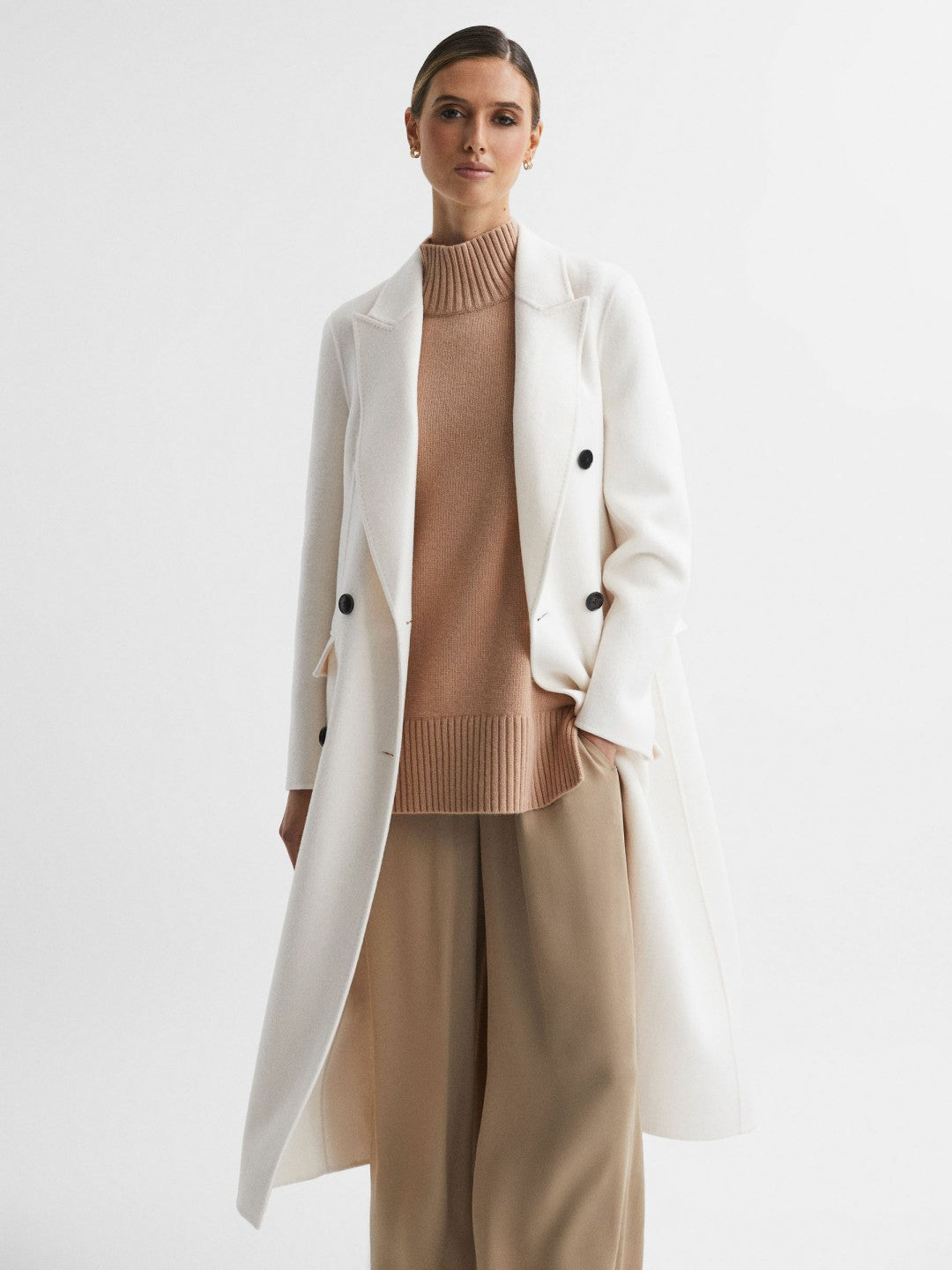Reiss Savings - Petite Relaxed Wool Blend Blindseam Belted Coat in Cream