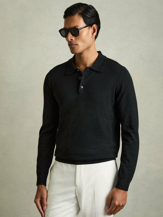 Reiss Featured - Merino Wool Polo Shirt in Black
