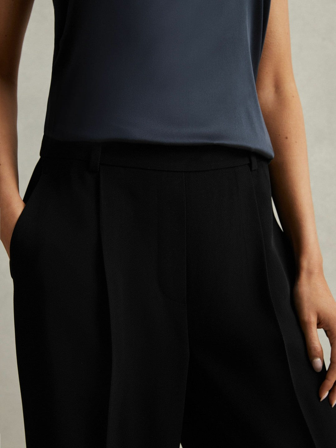 Reiss Offer - Petite Half-Elasticated Wide Leg Trousers in Black