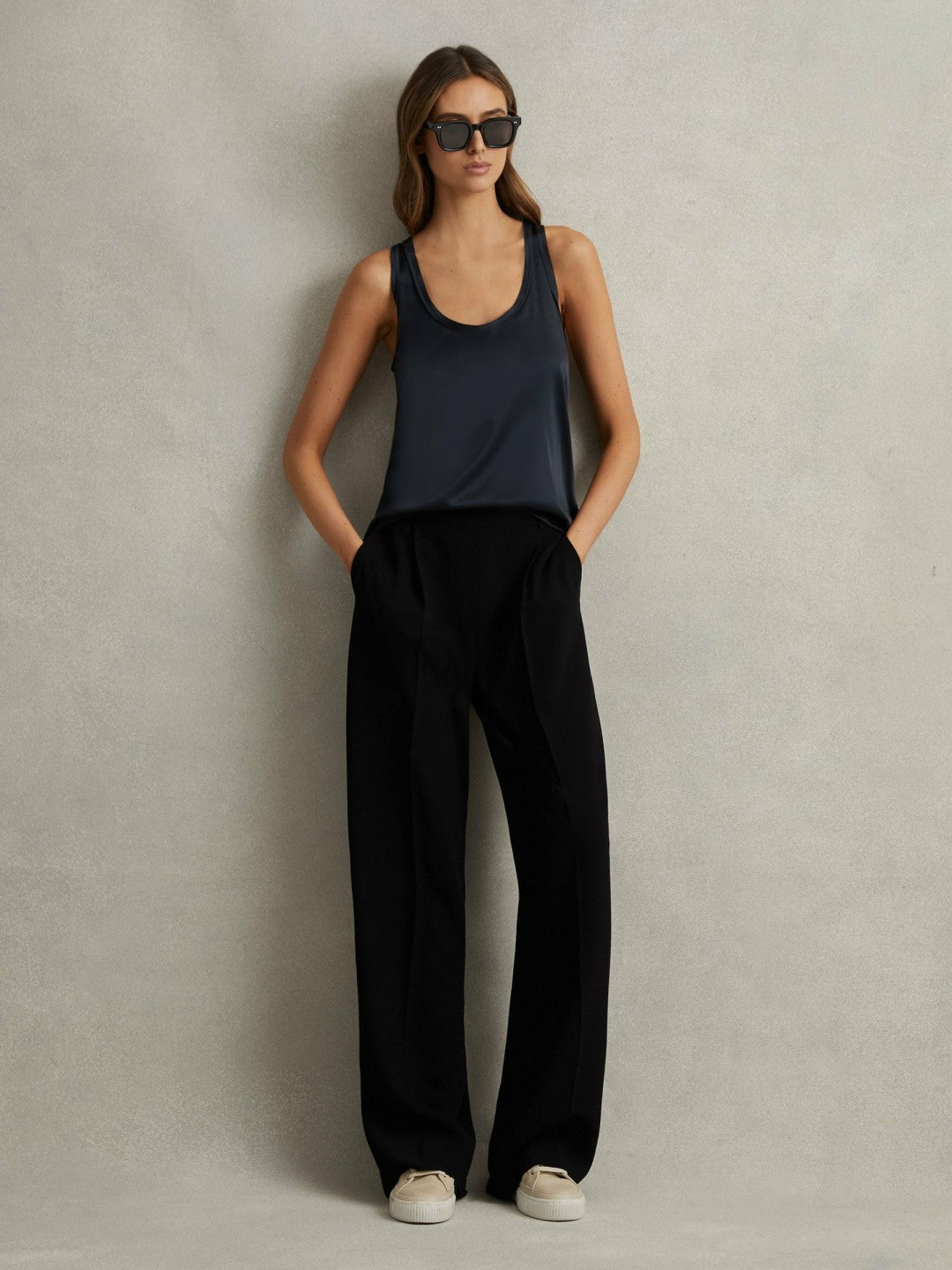 Reiss Offer - Petite Half-Elasticated Wide Leg Trousers in Black