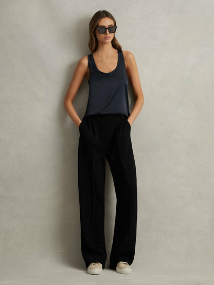 Reiss Offer - Petite Half-Elasticated Wide Leg Trousers in Black