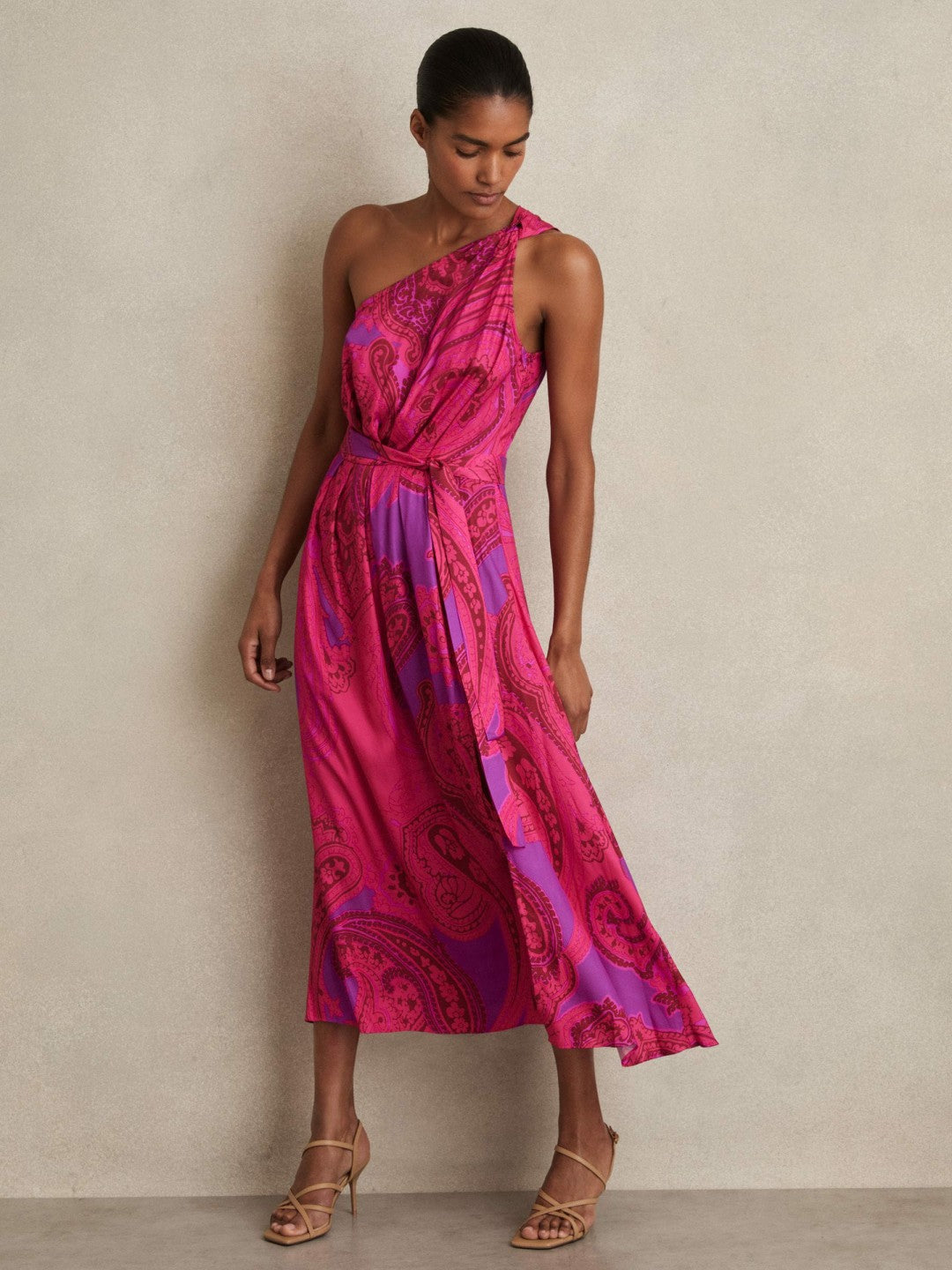 Reiss Popular Choice - Paisley-Print One-Shoulder Midi Dress in Pink