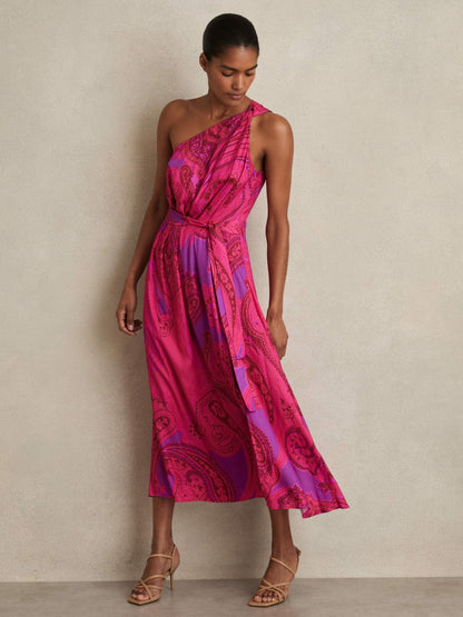 Reiss Popular Choice - Paisley-Print One-Shoulder Midi Dress in Pink