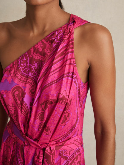 Reiss Popular Choice - Paisley-Print One-Shoulder Midi Dress in Pink