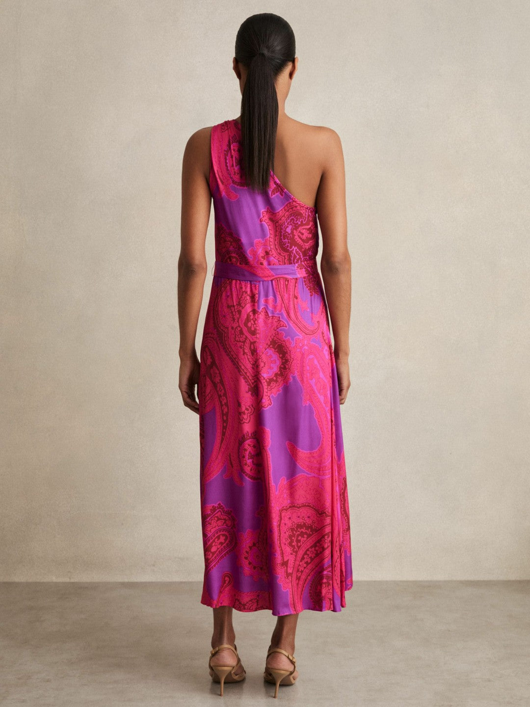 Reiss Popular Choice - Paisley-Print One-Shoulder Midi Dress in Pink