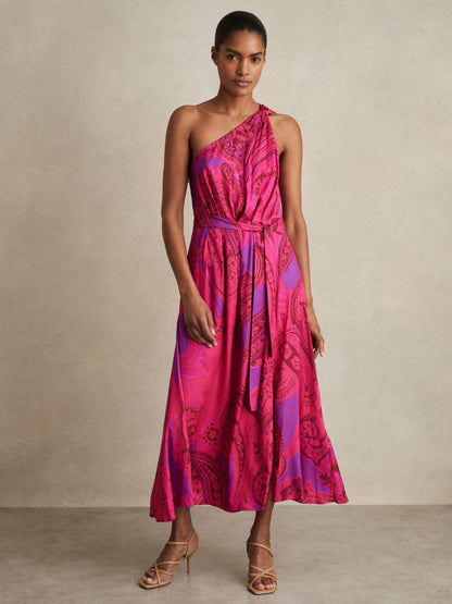Reiss Popular Choice - Paisley-Print One-Shoulder Midi Dress in Pink