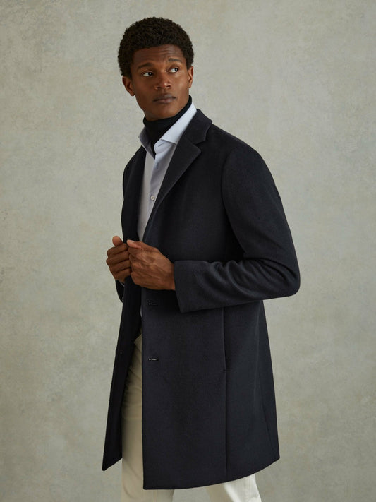 Reiss Savings - Wool Blend Single Breasted Epsom Overcoat in Navy
