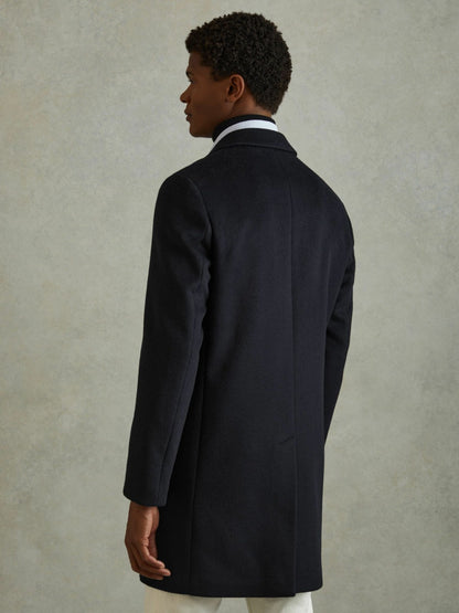 Reiss Savings - Wool Blend Single Breasted Epsom Overcoat in Navy