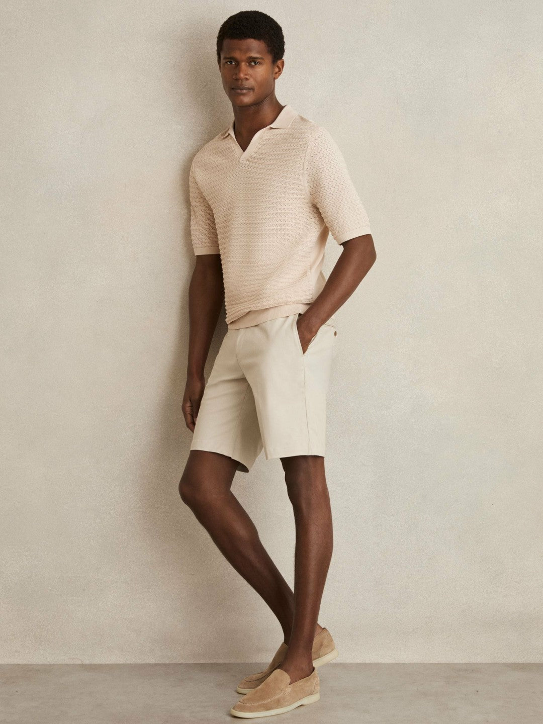 Reiss Savings - Pointelle Open-Collar Polo Shirt in Stone
