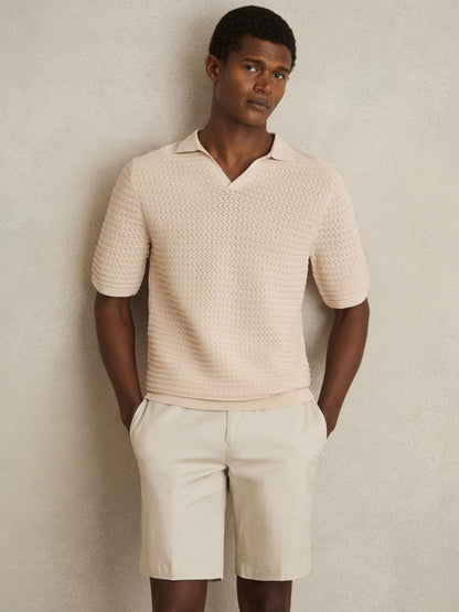 Reiss Savings - Pointelle Open-Collar Polo Shirt in Stone