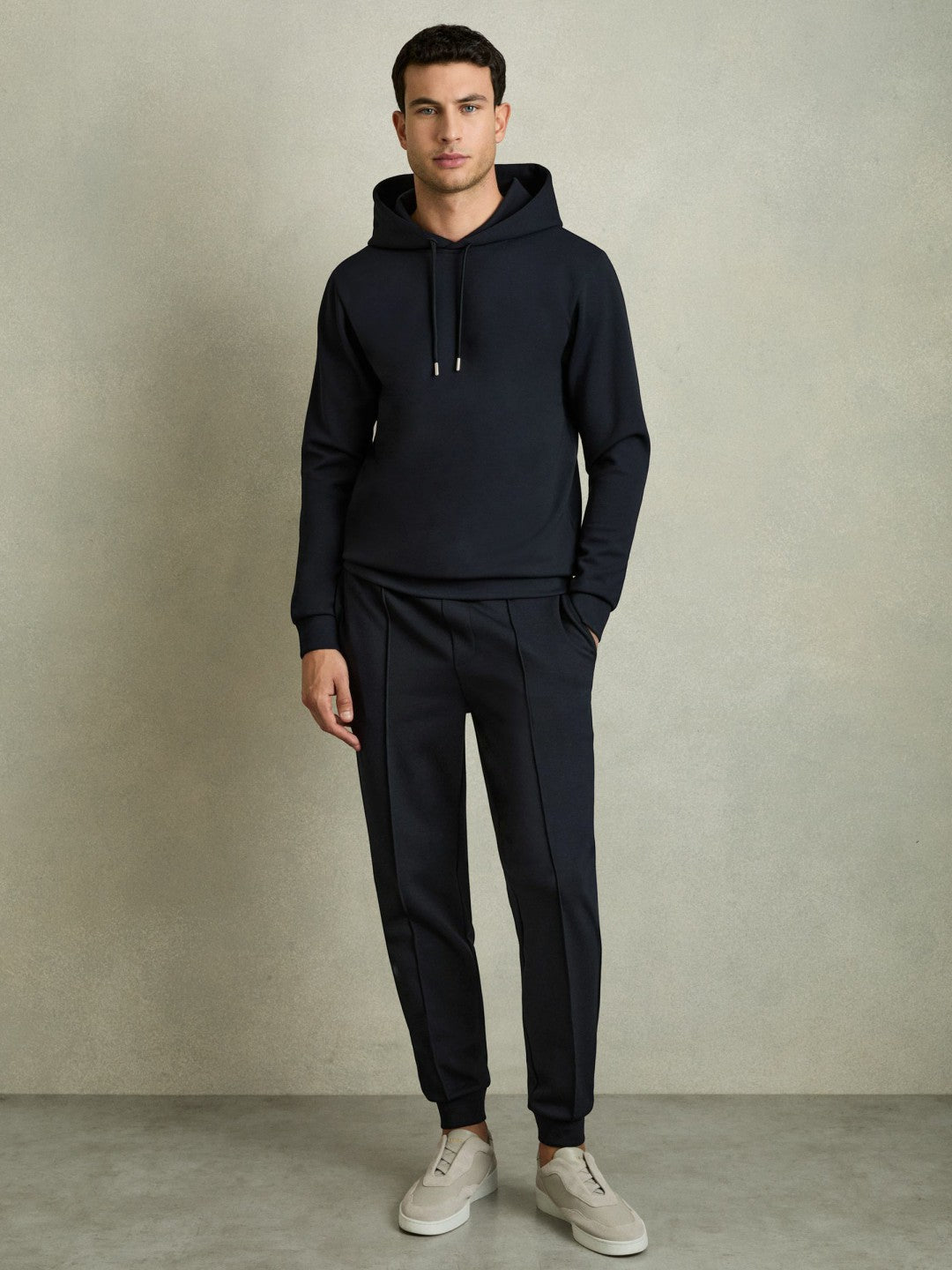 Reiss Deal - Interlock Jersey Drawstring Hoodie in Navy Blue
