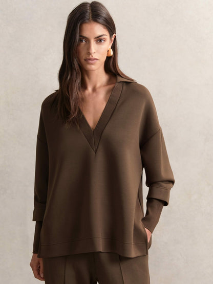 Reiss Offer - Interlock Open-Collar Sweatshirt in Chocolate