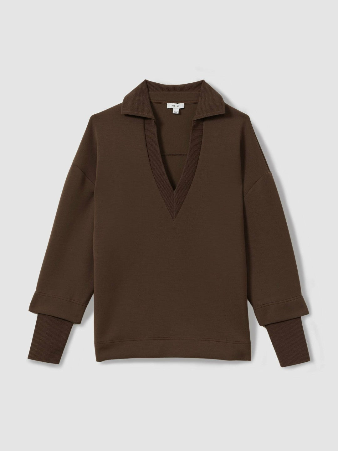 Reiss Offer - Interlock Open-Collar Sweatshirt in Chocolate