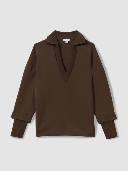 Reiss Offer - Interlock Open-Collar Sweatshirt in Chocolate