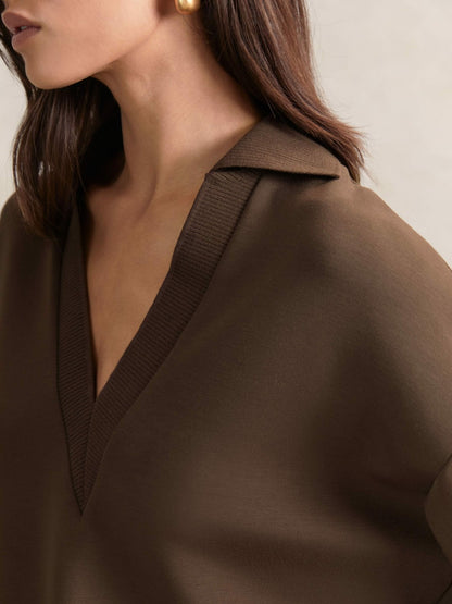 Reiss Offer - Interlock Open-Collar Sweatshirt in Chocolate