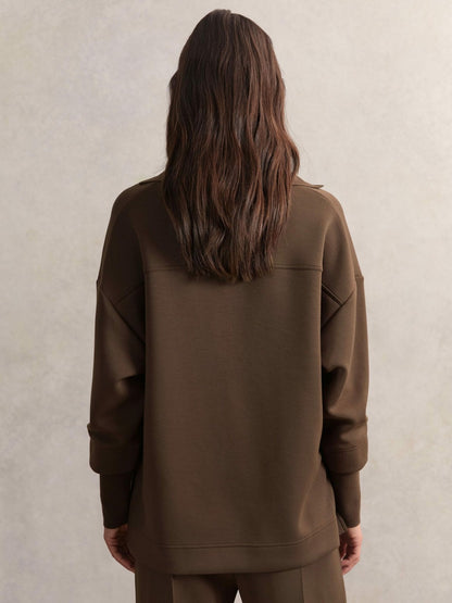 Reiss Offer - Interlock Open-Collar Sweatshirt in Chocolate