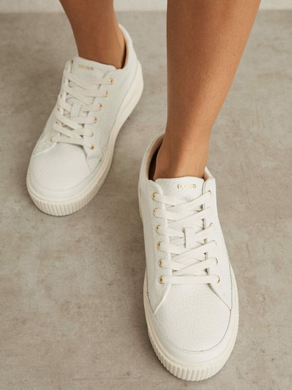 Reiss Popular Choice - Grained Leather Platform Trainers in White