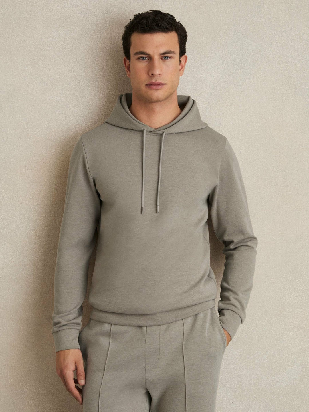 Reiss Interlock Jersey Drawstring Hoodie in Taupe