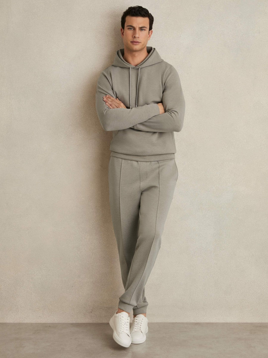 Reiss Interlock Jersey Drawstring Hoodie in Taupe