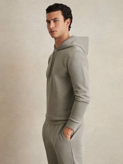 Reiss Interlock Jersey Drawstring Hoodie in Taupe