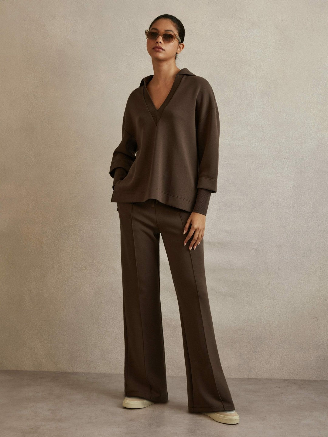 Reiss Value - Interlock Wide-Leg Joggers in Chocolate