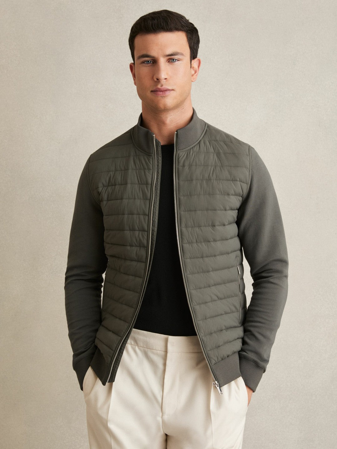 Reiss Deal - Hybrid Quilt and Knit Zip-Through Jacket in Sage