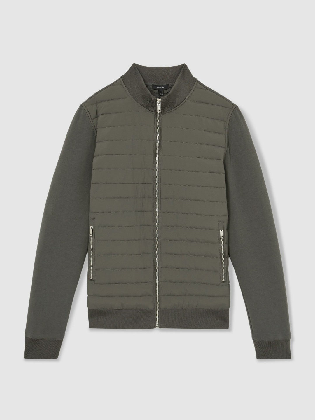 Reiss Deal - Hybrid Quilt and Knit Zip-Through Jacket in Sage