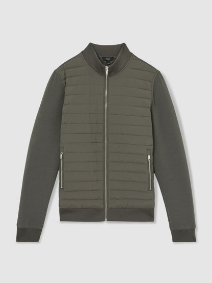 Reiss Deal - Hybrid Quilt and Knit Zip-Through Jacket in Sage