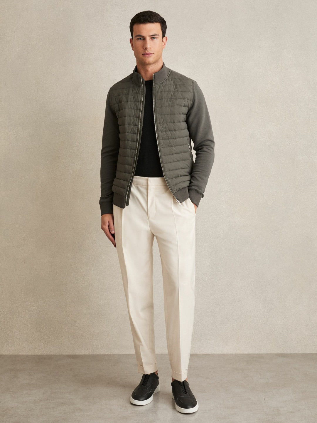 Reiss Deal - Hybrid Quilt and Knit Zip-Through Jacket in Sage
