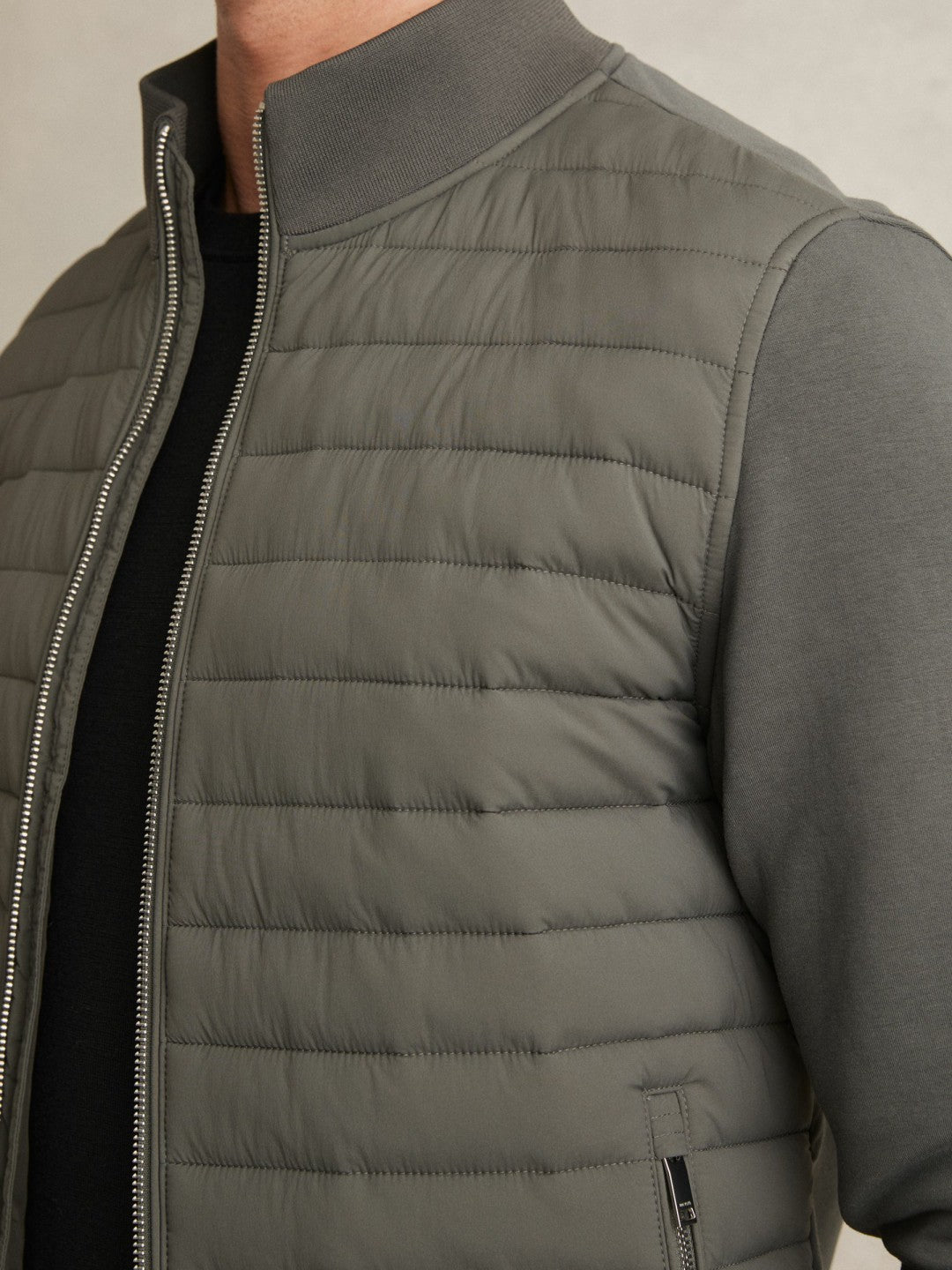 Reiss Deal - Hybrid Quilt and Knit Zip-Through Jacket in Sage
