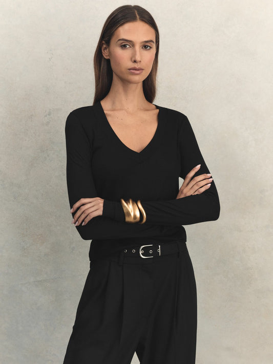 Reiss Popular Choice - Jersey V-Neck Top in Black