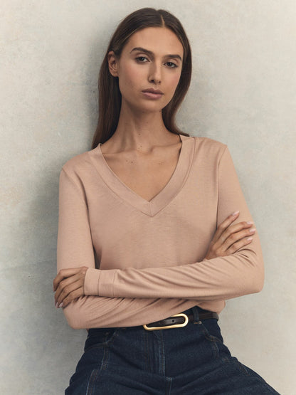 Reiss Deal - Jersey V-Neck Top in Camel