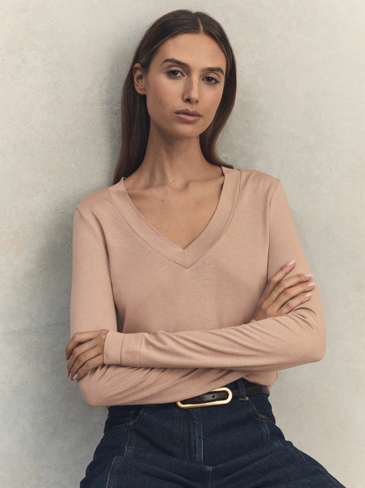 Reiss Deal - Jersey V-Neck Top in Camel