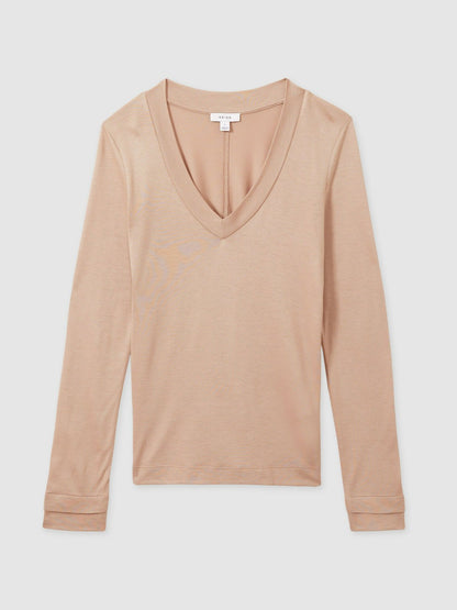 Reiss Deal - Jersey V-Neck Top in Camel