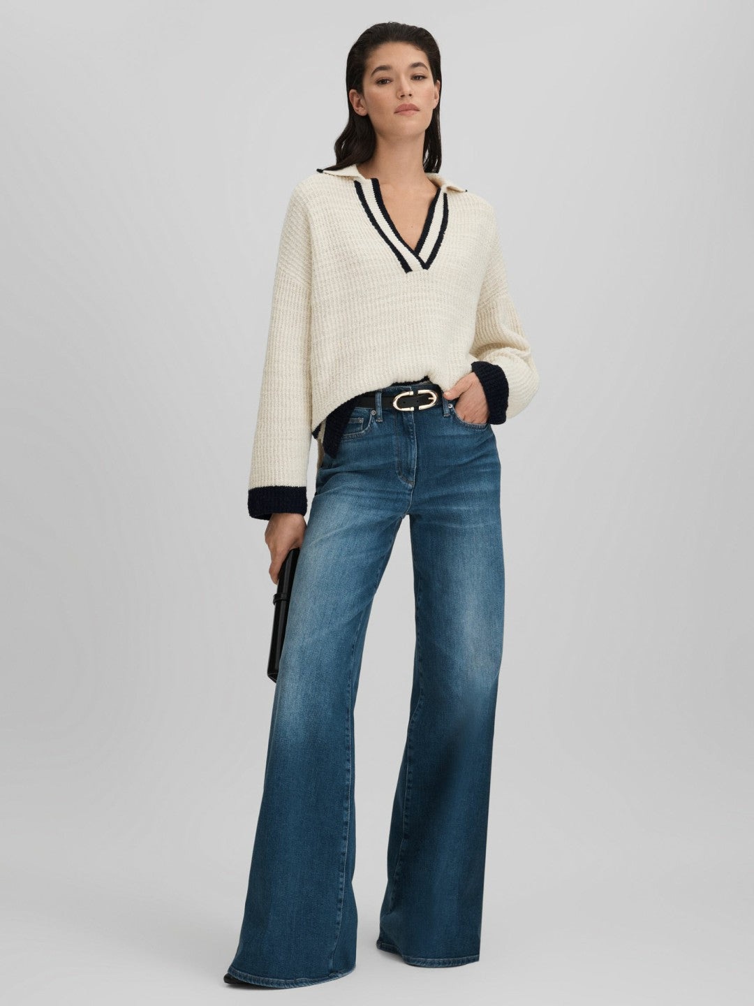 Reiss Affordable - Wool Blend Open Collar Jumper in Cream/Navy