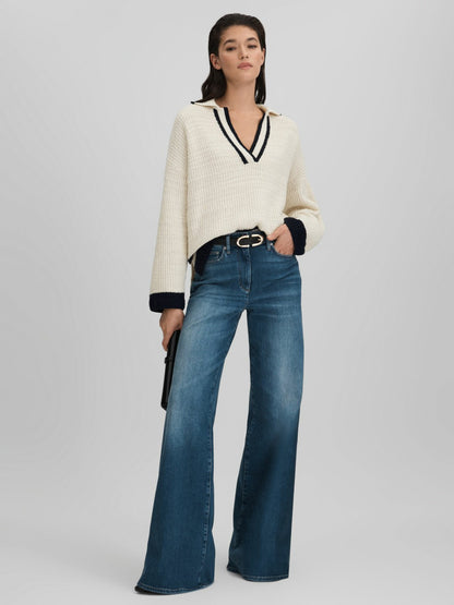 Reiss Affordable - Wool Blend Open Collar Jumper in Cream/Navy