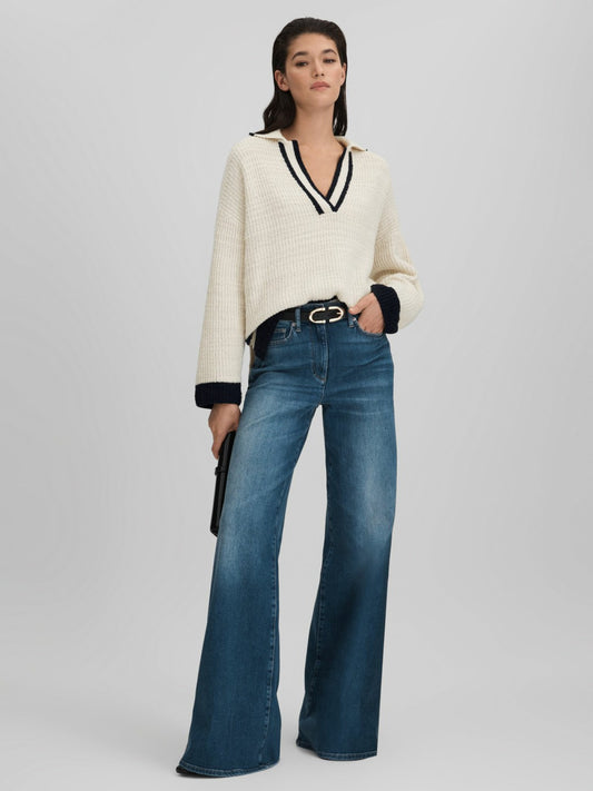 Reiss Affordable - Wool Blend Open Collar Jumper in Cream/Navy