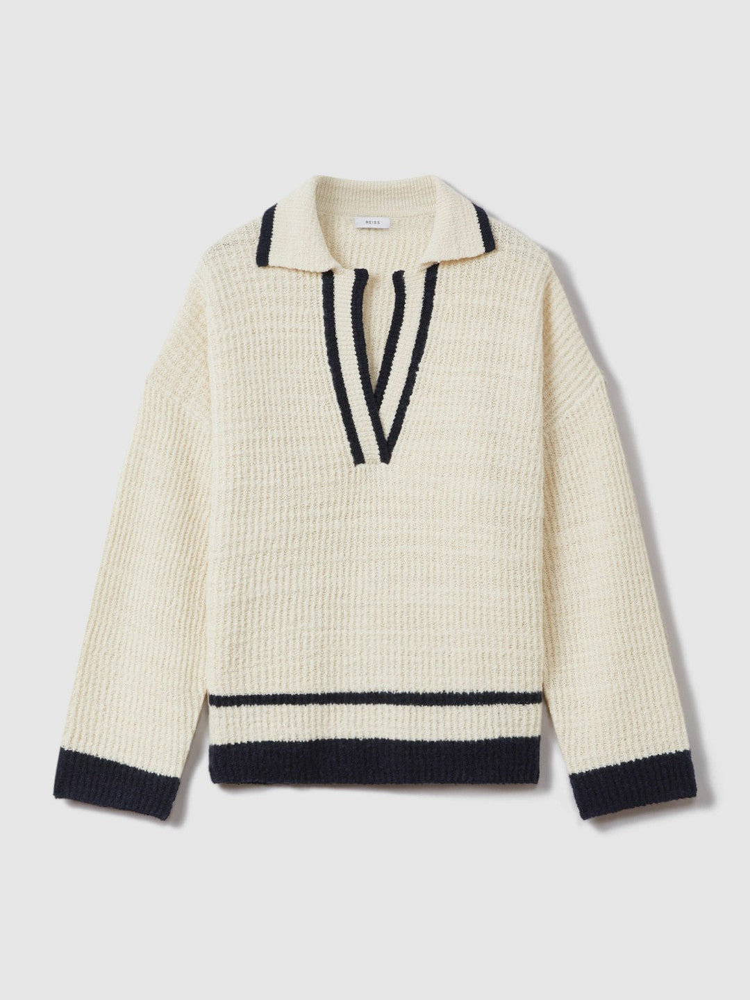 Reiss Affordable - Wool Blend Open Collar Jumper in Cream/Navy