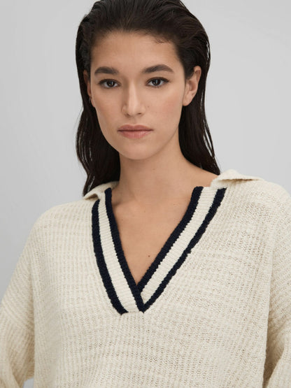 Reiss Affordable - Wool Blend Open Collar Jumper in Cream/Navy