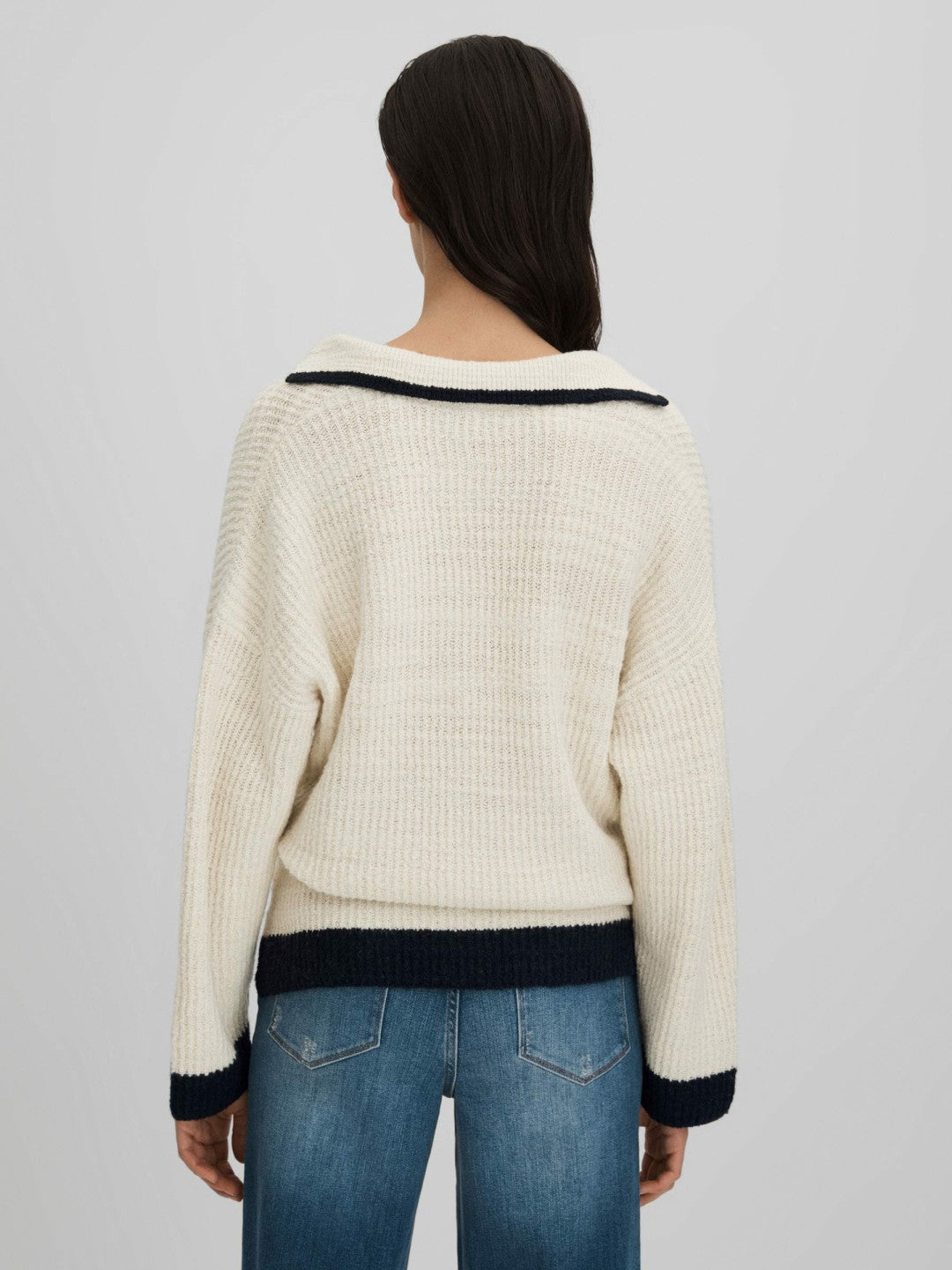 Reiss Affordable - Wool Blend Open Collar Jumper in Cream/Navy