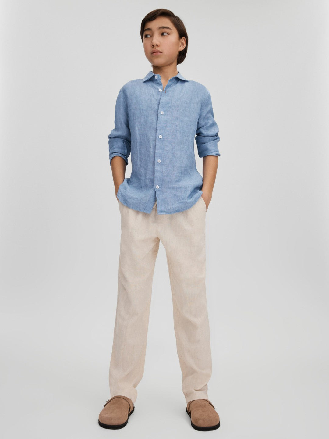 Reiss Featured - 3-9 yrs Striped Linen Cutaway Collar Shirt in Sky Blue