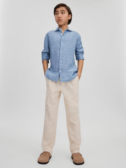Reiss Featured - 3-9 yrs Striped Linen Cutaway Collar Shirt in Sky Blue