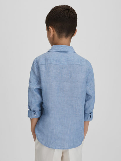 Reiss Featured - 3-9 yrs Striped Linen Cutaway Collar Shirt in Sky Blue