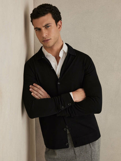 Reiss Savings - Merino Wool Button-Through Cardigan in Black