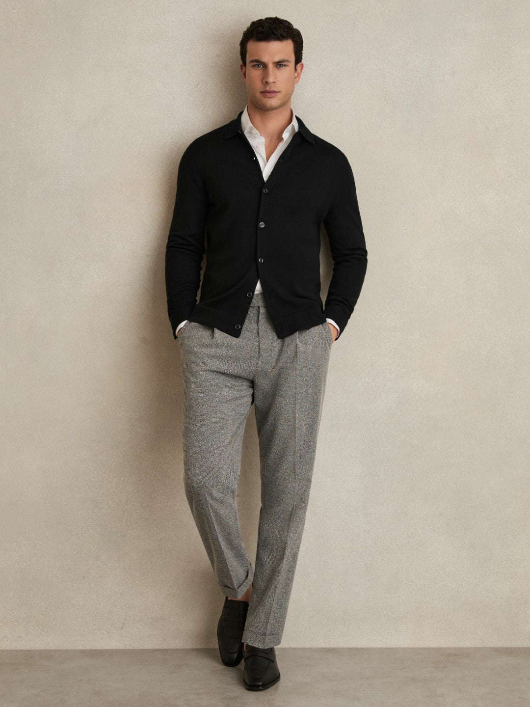Reiss Savings - Merino Wool Button-Through Cardigan in Black