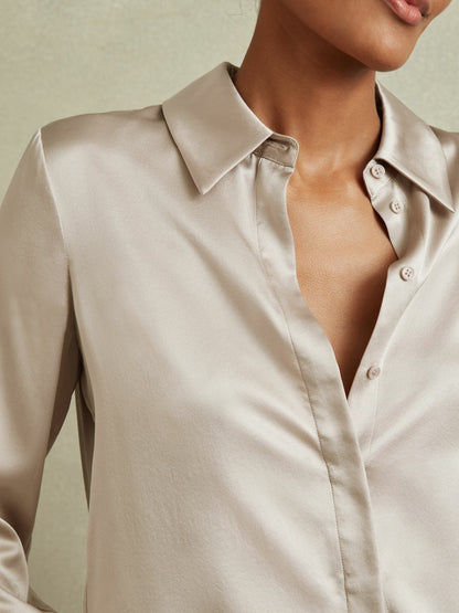Reiss Popular Choice - Silk Double-Cuff Button-Through Shirt in Champagne