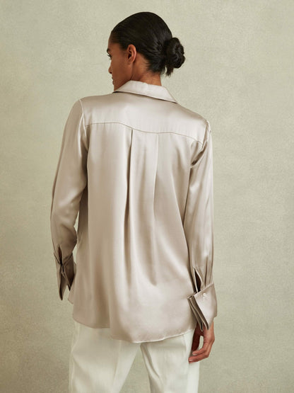 Reiss Popular Choice - Silk Double-Cuff Button-Through Shirt in Champagne