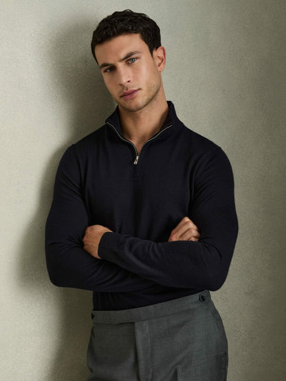Reiss Sale - Merino Wool Half-Zip Jumper in Navy