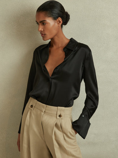 Reiss Savings - Silk Double-Cuff Button-Through Shirt in Black